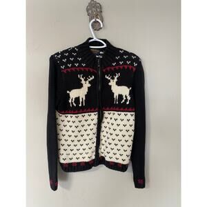 Womens Woolrich Cotton Nordic Deer Zip Up Cardigan Sweater Large Cabin